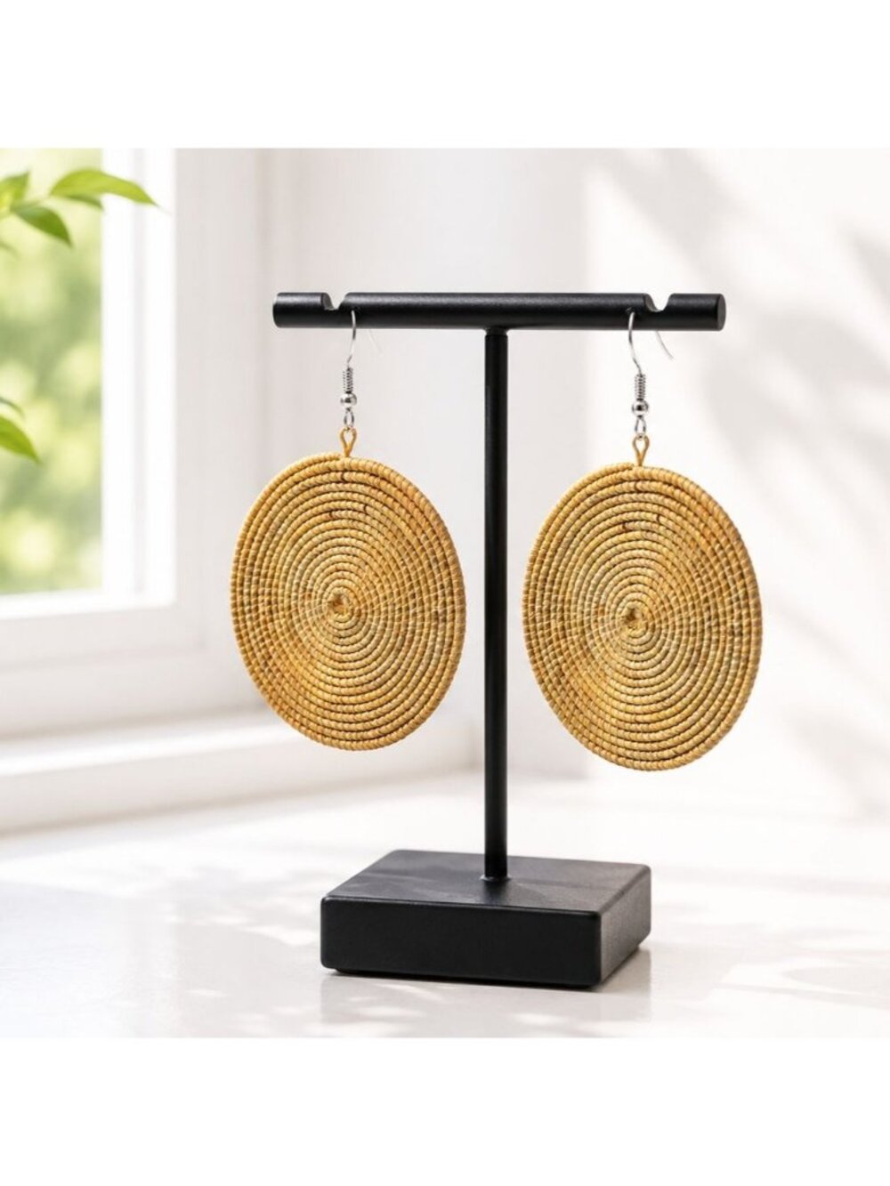 Vintage Handwoven Circular Rattan Drop Earrings Lightweight Boho Style